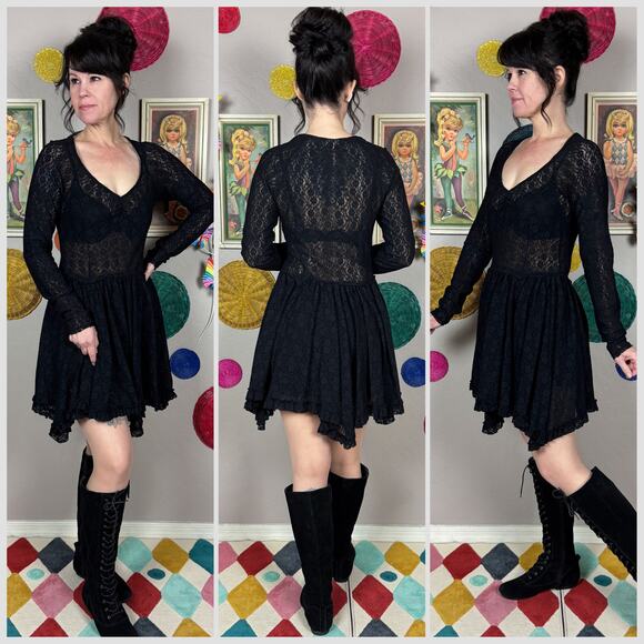 Free People Sheer Black Lace Long Sleeve Mini Dress - Picture 3 of 8